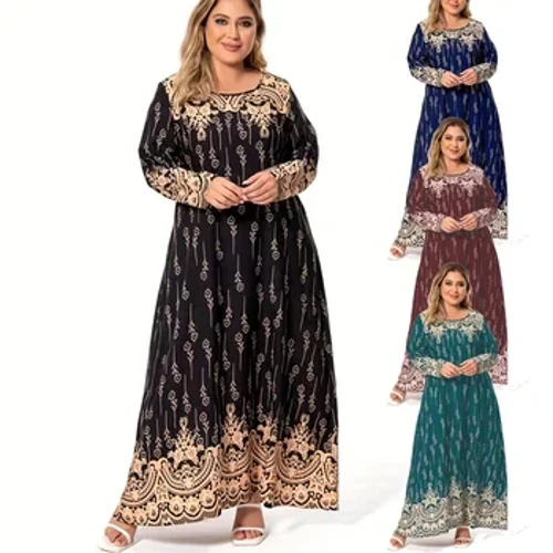 Plus Gréisst Fraen Fréijoer & Summer Ronn Hals Polyester net-elastesche Band ethneschen Drock moudesch einfach laang-sleeved laang Kleed.