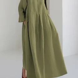 Plus Size Damer Casual Långärmad Enfärgad Rundhalsad Klänning Lös A-Line Klänning för vårsommar