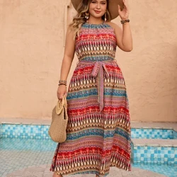 2024 Hàng Mới Về Plus Kích Thước Bohemian In Hình Bãi Biển Áo Dài Không Tay Quá Khổ Gợi Cảm Dây Cổ Thắt Lưng Đầm