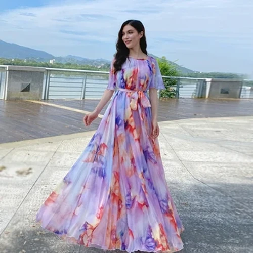 Plus Size Bohemian Beach Solklänning Flygande Kläder Chiffong Lös Elegant Vestido Robes Dam Semester Bal Lång Klänning Bälte Vilket
