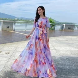 Plus Size Bohemian Beach Sundress Flying Clothing Chiffon Loose Elegant Vestido Robes Lady Holidays Prom Long Dress Belt Alin