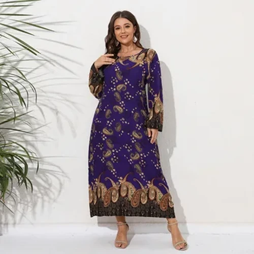 Phong Cách Dân Tộc Plus Size Đầm Nữ Cổ Tròn Retro Dài Đầm In Hình Thời Trang Xuân Hè Nữ Thanh Lịch Dạo Phố