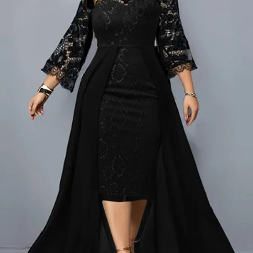 Gaun Pesta Ukuran Besar untuk Tamu Pernikahan Wanita 2023 Musim Semi Musim Panas Lengan Panjang Renda Bunga Melihat Melalui Gaun Bodycon Elegan