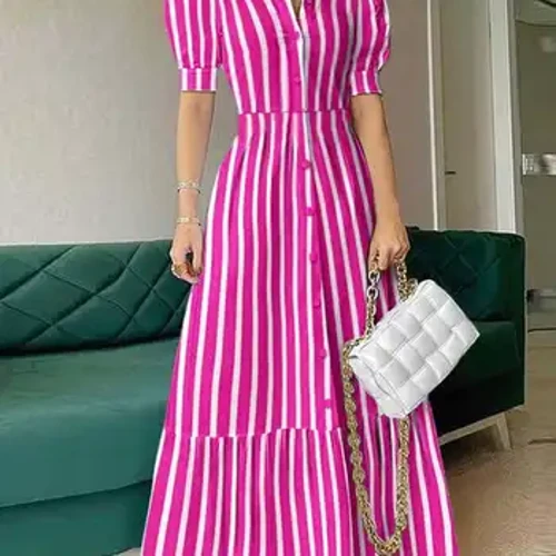 Fa'aopoopo VONDA La'ei ofutino Ofisa Fa'atama'ita'i La'ei Fa'amata'u Fa'a'ofu'ofu Sexy Puff Sleeve Lapel Long Maxi Sundress ofu talaloa masani.