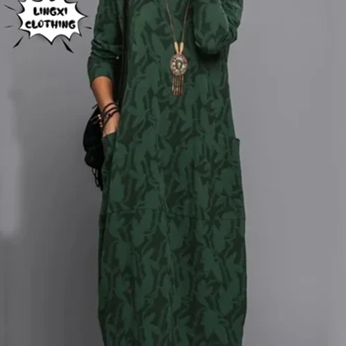 Moda outono nova impressão personalizada em torno do pescoço estilo casual manga comprida bolso plus size vestido elegante feminino vestido de festa
