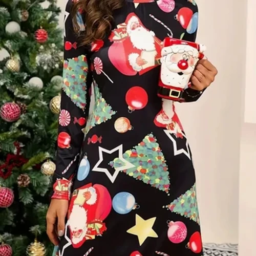 Plus taille 1xl-5xl robe de Noël décontractée pour femmes mignonnes dessin animé Santa Claus Imprimé robe de vacances à manches longues