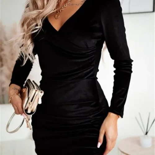 Dimensiuni Plus Toamnă Și Iarnă Nouă Decolteu în V Mâneci lungi Fese Pliuri înfășurate Zilnic Slim Fit Lungime mijlocie Rochie elegantă de navetă