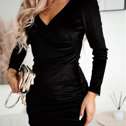 Plus veľkosť jesenná a zimná nová V-krstá s dlhým rukávom zabalené záhyby denne Slim Fit stredne dĺžku Elegantné dochádzkové šaty