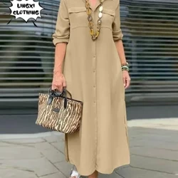 Moda de primăvară/vară 2024 pentru femei, nou elegantă, mărime mare, cu mâneci lungi, nasturi, rochie elegantă, bumbac, in, halat cu un singur piept