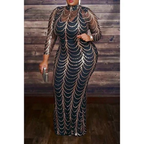 Mga Plus Size na Dress Tight Skirt Long Sleeve See-through Maxi Dress