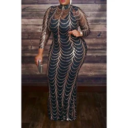 Mga Plus Size na Dress Tight Skirt Long Sleeve See-through Maxi Dress