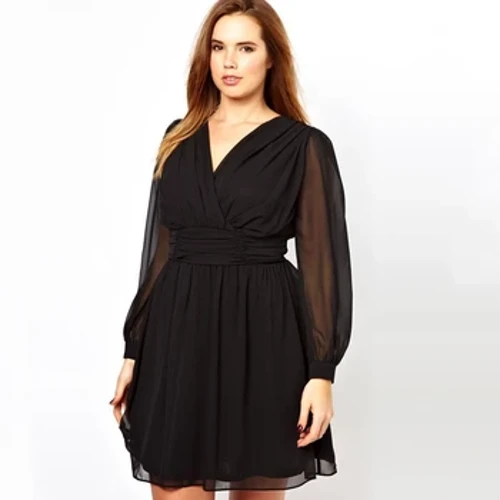 Plus velicina dugih fenjer rukava šifon haljina za zabavu zene seksi V-izrez proljetna do koljena crna elegantna modna A-line haljina