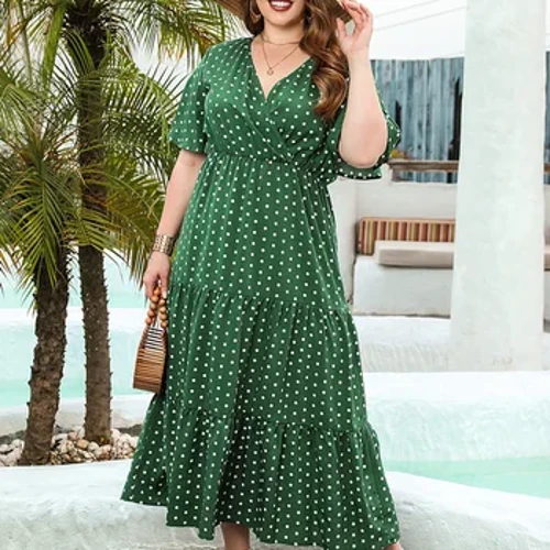 GIBSIE Übergröße Polka Dot V-Ausschnitt Schmetterlingsärmel Kleid Damen Sommer 2024 Urlaub Strand Vintage Rüschensaum Maxi Lange Kleider