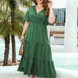 GIBSIE artı boyutu puantiyeli v yaka kelebek kollu elbise kadın yaz 2024 tatil plaj Vintage fırfır etek Maxi uzun elbiseler