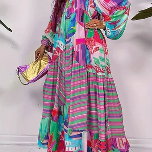 Plus Size 2023 Fall/Winter New Pambabaeng Casual Dress, Mahabang Manggas, V-Neck, Irregular Pattern Print Mga Personalized na Apparel Dress