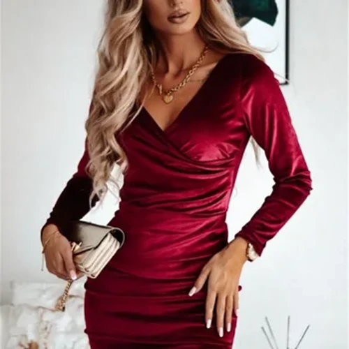 Plus Kích Thước Mùa Thu Đông Mới Đồng Màu Thời Trang Chữ V Gợi Cảm Tay Dài Thanh Lịch Quấn Hông Ôm Vừa Vặn Một Bước đầm