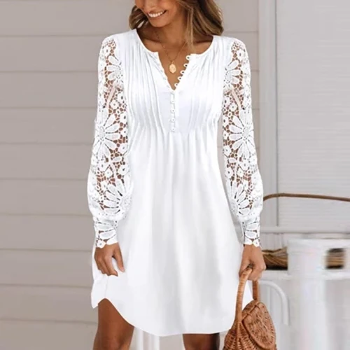 Femei de primăvară dantelă mini rochie mini doamne buton v gât cu mânecă lungă, cămașă rochie de modă îmbrăcăminte de modă plus dimensiune pentru 2024