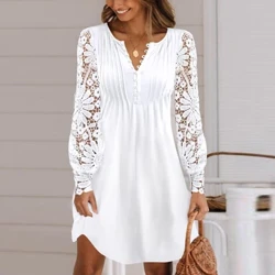 Kvinder Forår Blonde Blomster Minikjole Dame Knap V-hals Langærmet Swing Shirt Dress Modetøj Plus Size Til 2024
