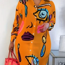 LW Plus size Casual imprimeu casual Rochie cămașă 2023 Femei de toamnă Turnarea de iarnă Turndown Guler cu mânecă lungă Fustă învelită mini rochii