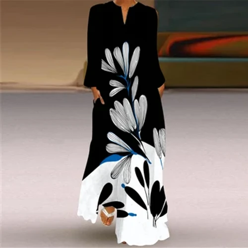 ʻO ka nui o nā Ladies Autumn Winter Winter Wahine V-neck Long Sleeve 3D Dress Loose Large Vintage Elegant Flower A-line Loose Dress