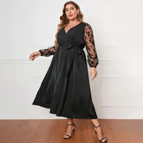 Naʻaʻaʻahu pūhaka nani V-ʻāʻī i hoʻopaʻa ʻia i ka lole Midi Lace Mesh me nā kāʻei lima lōʻihi no nā wahine kiʻekiʻe e uhi ʻia i ka Hem Nui.