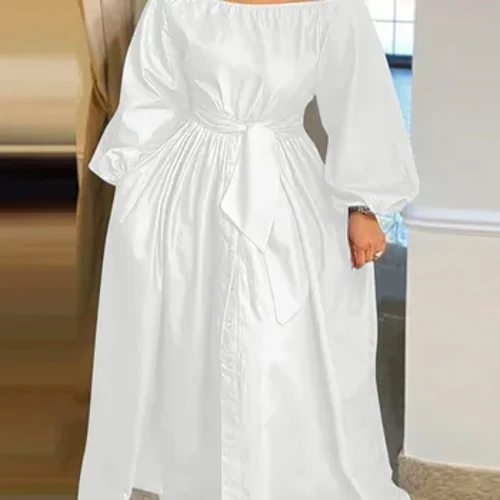 Maint Plus VONDA 2024 Merched Gwisg Hydref Hir Maxi Sundress Achlysurol Soled Cain Oddi Ar Ysgwydd Parti Bohemian Vestido Belted