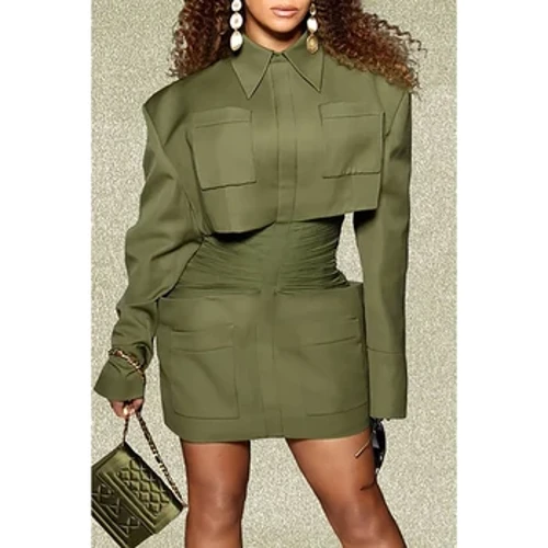 Usayizi Ongeziwe Webhizinisi Ingubo Engavamile I-Olive Green Ruffled Shirtdress Long Sleeve Mini Dress