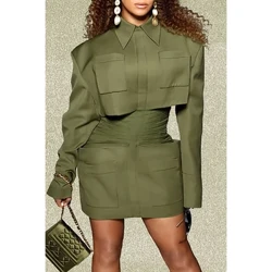 Gaun Kasual Bisnis Plus Ukuran Olive Green Ruffled Shirtdress Long Sleeve Mini Dress