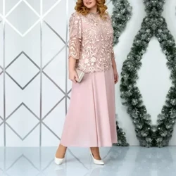 Plus Size Löysä Juhla Naisten Vaatteet Tyylikäs Pyörökaula Kirjonta Pitsi pitkähihainen korkea vyötärö Mekko Vestidos De Mujer Elegantes