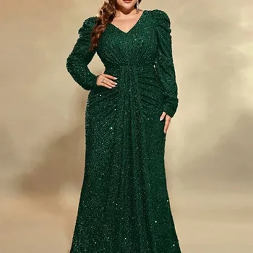 Plus Size V-hals Långärmad Bröllopsbankett Paljett Flerfärgad Lång Klänning 4XL 5XL Stor storlek Lyxig glittrande aftonklänning