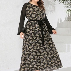 Plus Size Sommarklänning Kvinna 2024 Långärmad Blommönster Patchwork Fritidsklänning Bälte Lös överdimensionerade Maxi Långa Klänningar