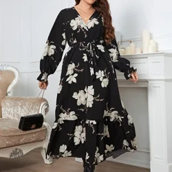 ʻO ka nui o ke kauwela wahine ʻaʻahu i kāʻei ʻia i ka ʻāʻī V Swing ʻaʻahu kāʻei pūhaka Floral Pring Robe Ruffle Hem Long Sleeves Wahine Sundress