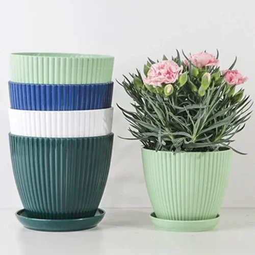 Plastic Flower Pot Succulent Potted Round Pot na may Tray Vertical Striped Planters Double Layer Bonsai Home Office Desktop Decor