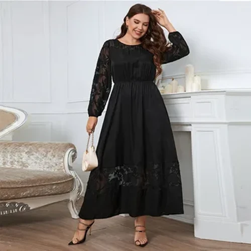 Plus Ukuran Gaun Wanita Renda Melihat Melalui Lengan Panjang Jubah Scroop Neck Warna Solid Gaun Musim Gugur Wanita Gaun Pakaian Elegan