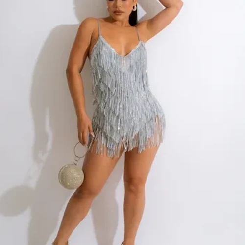 Phụ nữ Bodycon Tua Rua Mini ĐÍNH HẠT CƯỜM Cổ Chữ V Sâu Ôm Đầm Dự Tiệc Gợi Cảm Mini Thời Trang Hộp Đêm Áo