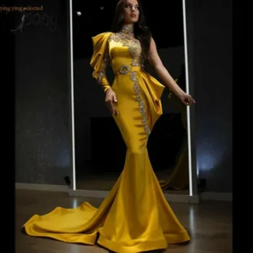 Y-Y Arap agşam köýnekleri Bir egin uzyn ýeňli Satin monjuk Mermaid Prom eşikleri Lýuks altyn meşhurlar partiýasynyň köýnekleri