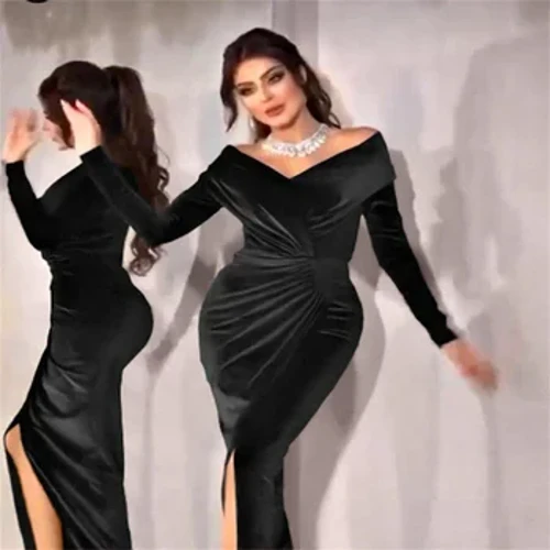 Elegant fløjl dame gallakjoler sort 2023 Ny i off-shoulder langærmet split maxi kjoler til damer festkjole