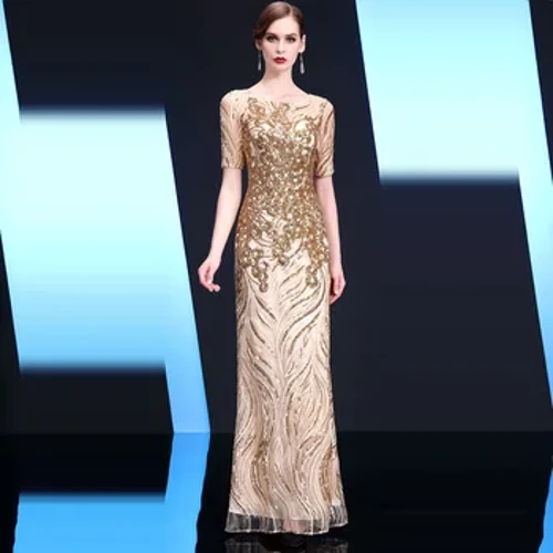 Zlaté večerní šaty 2024 Jarní nový banket Elegantní Celebrity Host Společenské šaty Dámské společenské šaty