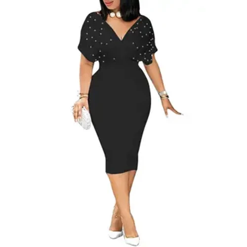 Suvekleit Seksikas V-kaelusega tuunika kõrge vöökohaga helmestega lühikeste varrukatega naiste punane valge Bodycon Plus Size Party Club Midi kleit