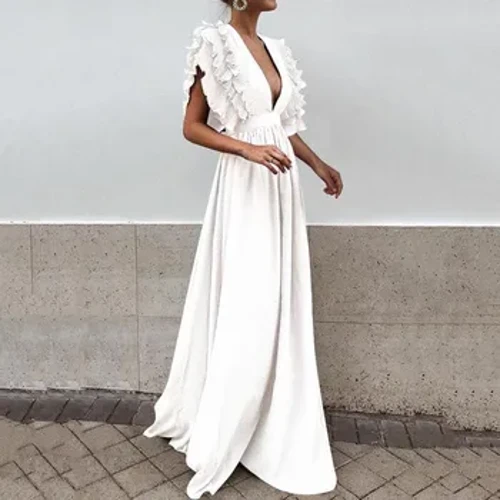 Rochii de seară elegante cu mâneci cu volan pentru femei, sexy, cu decolteu în V adânc, rochie midi, la modă pentru femei, haine de banchet, rochii lungi 2024