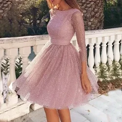 Koreanskt mode Mesh Festklänning Sommar Långärmad Ruched Paljett Gaze Klänningar Semester Strand Midiklänning Vestidos