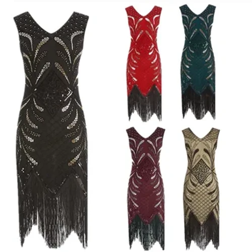 Rochie de seară cu decolteu în V cu ciucuri din anii 1920 pentru femei, rochie de dans cu paiete, rochie fără mâneci
