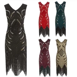 Neue Damen 1920er Vintage Quaste Perlen V-Ausschnitt Abendkleid Party Pailletten Quaste Tanzkleid Ärmelloses Kleid