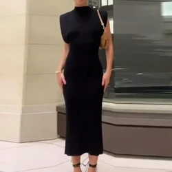 2024 Seksi Belakang Split Tanpa Lengan Bodycon Gaun Wanita Ritsleting Hitam Tanpa Lengan Slim Midi Gaun Elegan Wanita Streetwear Jubah