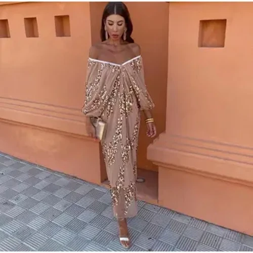 Trägerloses plissiertes Paillettenkleid Frauen 2024 Neue Mode Laternenärmel V-Ausschnitt Spitze Midikleider Frauen Abend Party Vestidos
