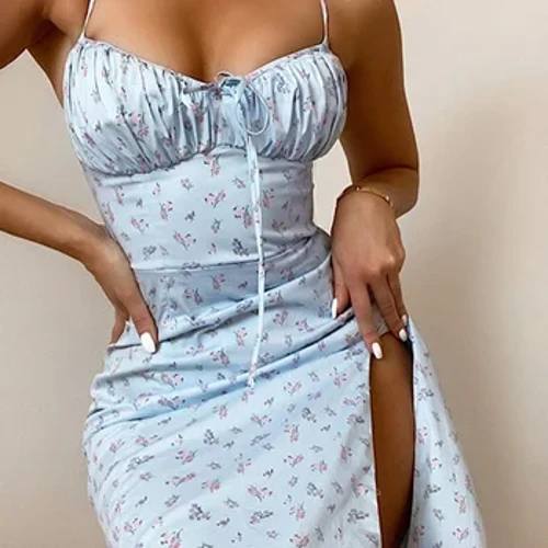 Hugcitar 2023 Llewys Slip Satin Blodeuog Rhwymyn Ruched Torri Allan Gwisg Maxi Merched Haf Ffasiwn Clwb Parti Sexy Robe Kpytomoa