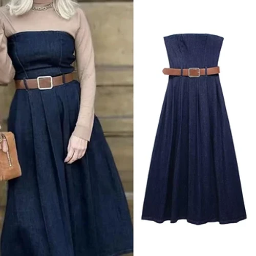 TFMLN 2024 Off Bahu Denim Gaun Wanita Biru Gaun Panjang untuk Wanita Sabuk Kantor Midi Gaun Wanita Streetwear Jeans Gaun Wanita