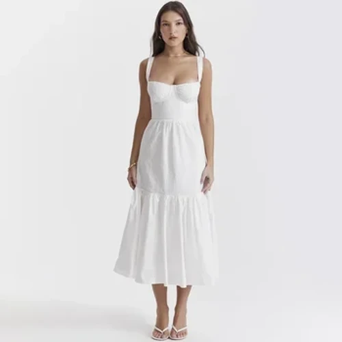 Mingmingxi Putih Wanita Musim Panas Gaun 2023 Linen-katun Campuran Jacquard Gaun Elegan Seksi Midi Liburan Gaun Liburan