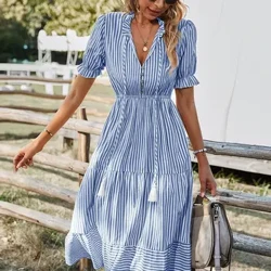 Rochie de vară cu mânecă lanternă în dungi elegantă pentru femei, cu decolteu în V, cu nasturi, cu volane, rochie midi, 2023 pentru femei, rochie de petrecere de vacanță pe plajă