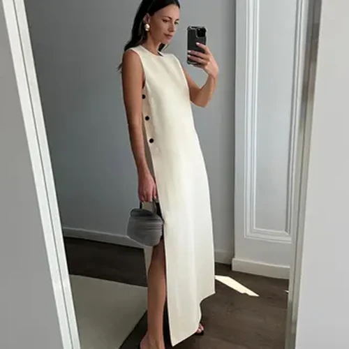 Frae Button Split Sleeveless Maxi Kleed Elegant O-Neck Off Shoulder Loose Long Robes 2024 New Weible High Street Vestidos